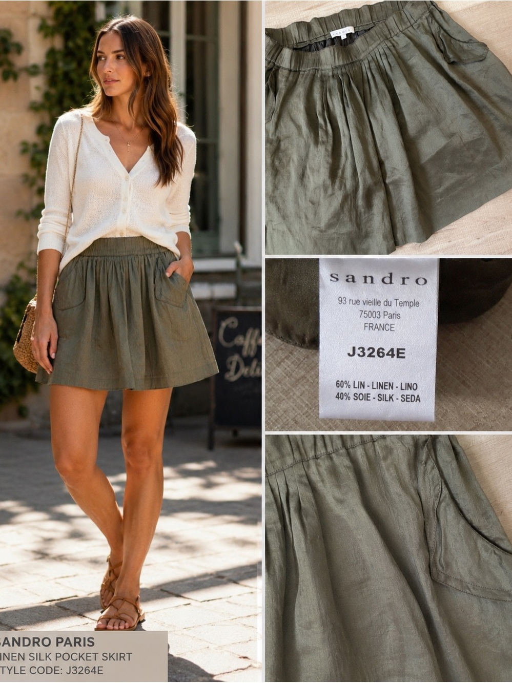 Sandro Paris archive Linen/Silk Utility pocket mini Skirt-Olive green -FR 3/US M